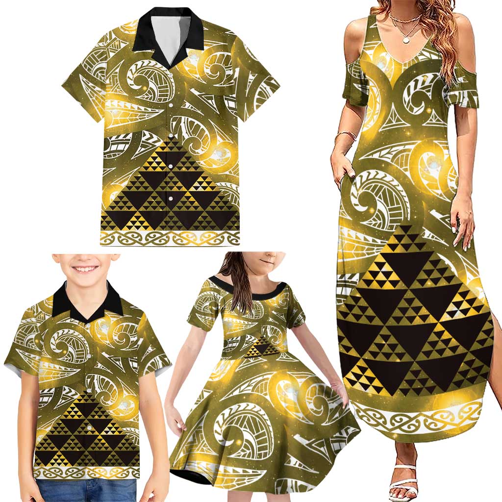Matariki New Zealand Family Matching Summer Maxi Dress and Hawaiian Shirt NZ Niho Taniwha Maori New Year Yellow Galaxy