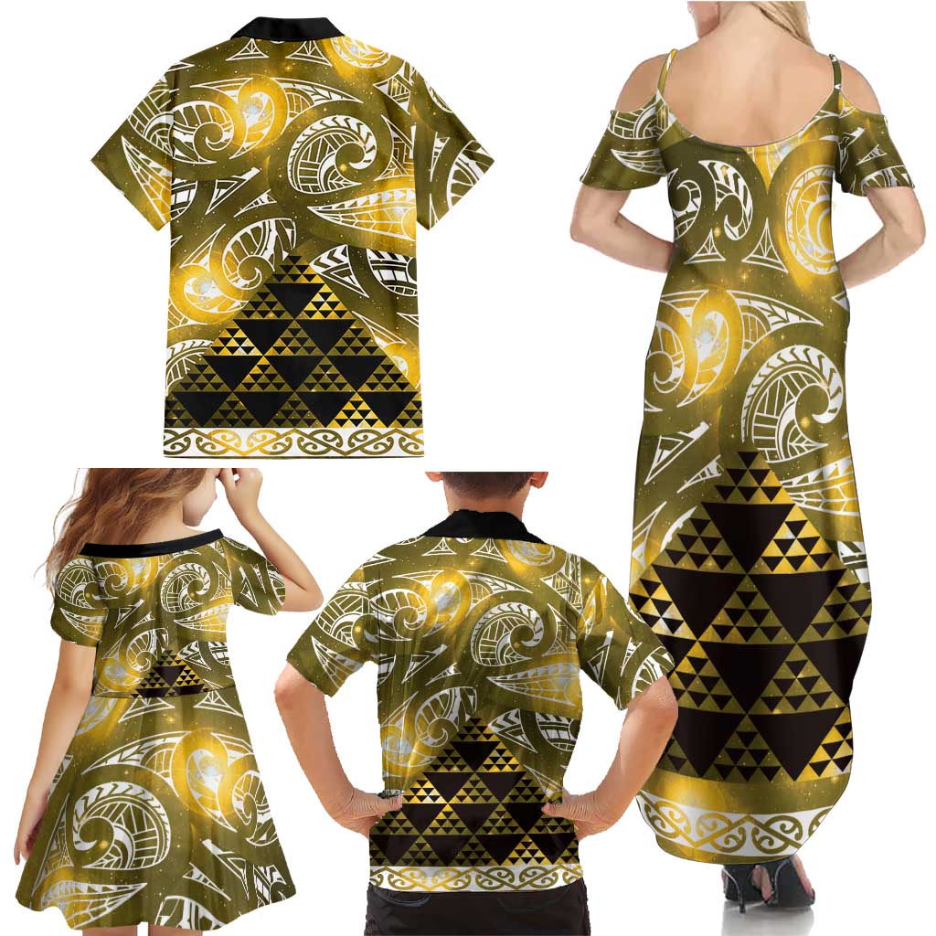 Matariki New Zealand Family Matching Summer Maxi Dress and Hawaiian Shirt NZ Niho Taniwha Maori New Year Yellow Galaxy