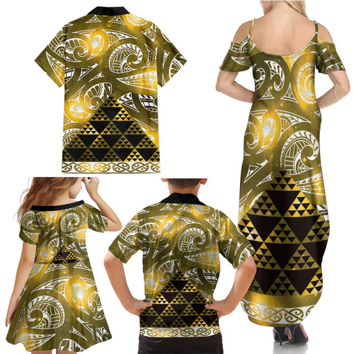 Matariki New Zealand Family Matching Summer Maxi Dress and Hawaiian Shirt NZ Niho Taniwha Maori New Year Yellow Galaxy