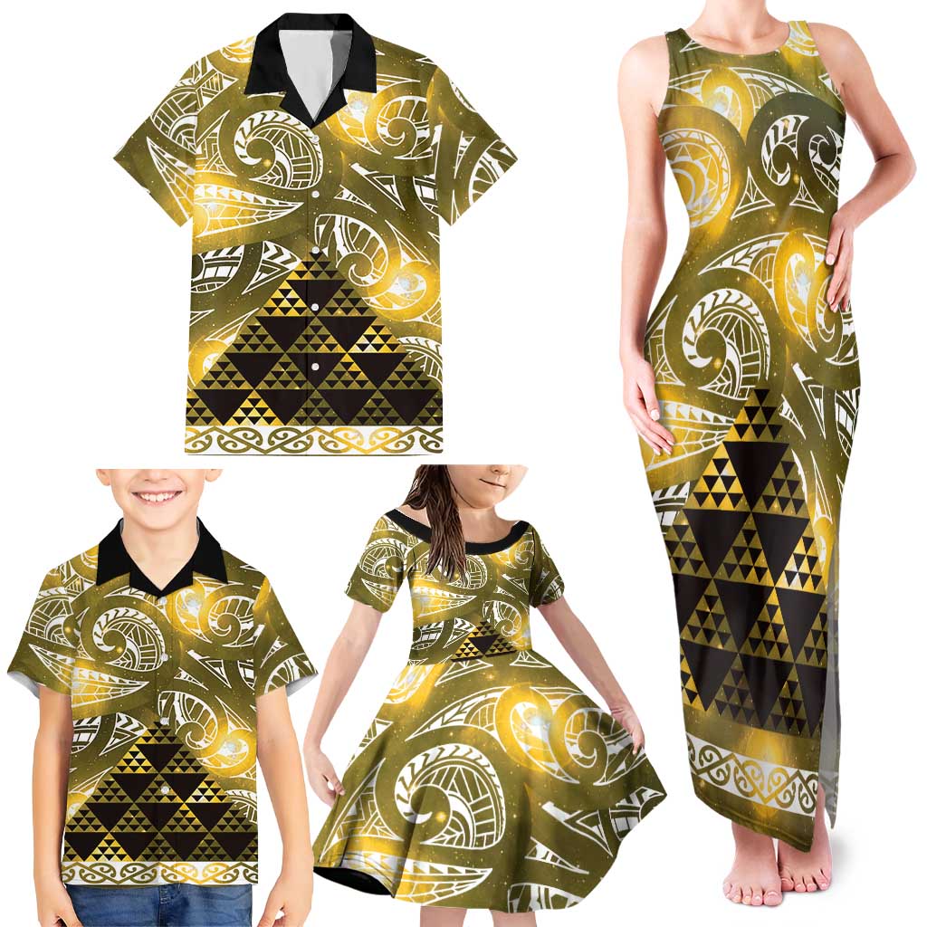 Matariki New Zealand Family Matching Tank Maxi Dress and Hawaiian Shirt NZ Niho Taniwha Maori New Year Yellow Galaxy