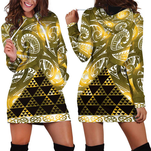 Matariki New Zealand Hoodie Dress NZ Niho Taniwha Maori New Year Yellow Galaxy
