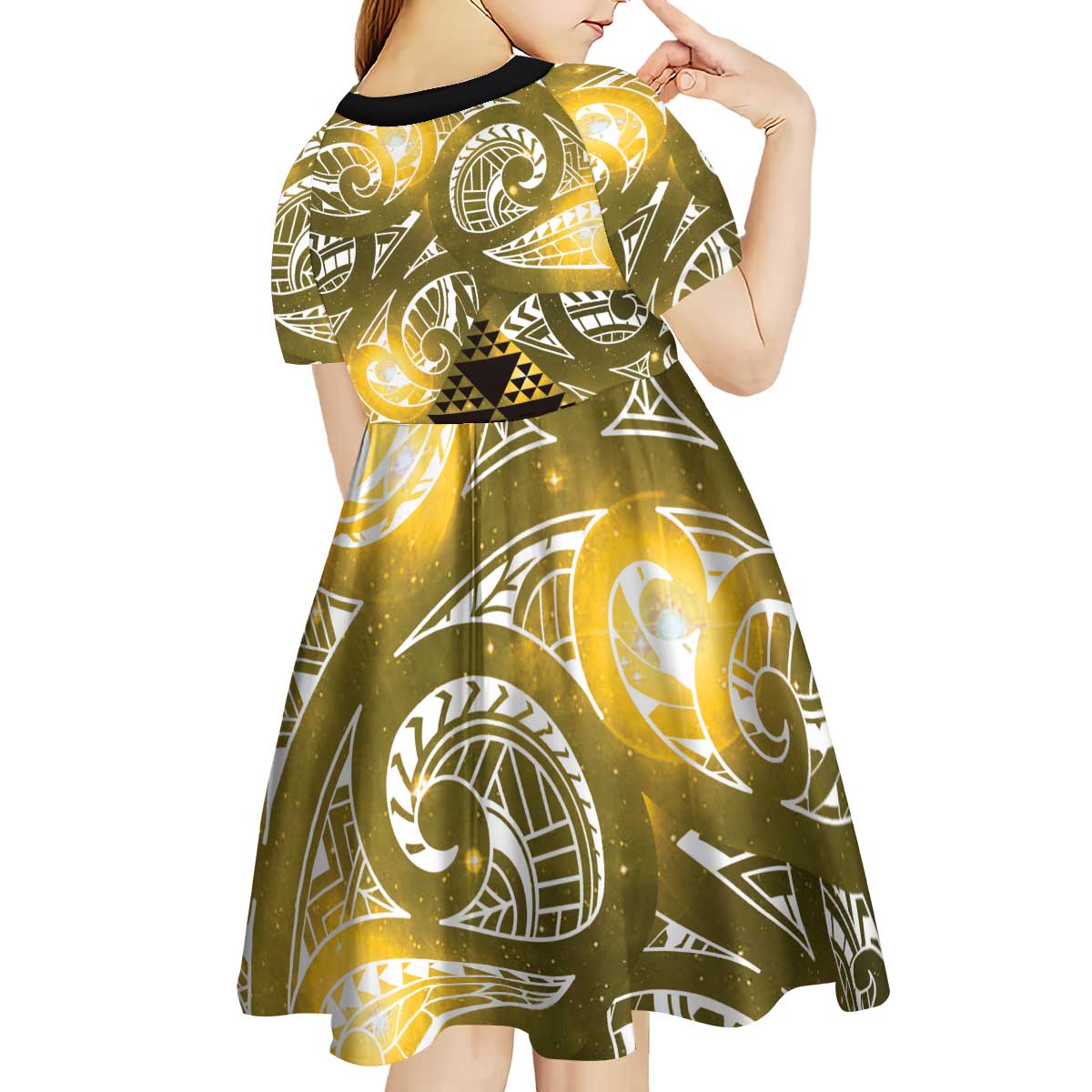 Matariki New Zealand Kid Short Sleeve Dress NZ Niho Taniwha Maori New Year Yellow Galaxy