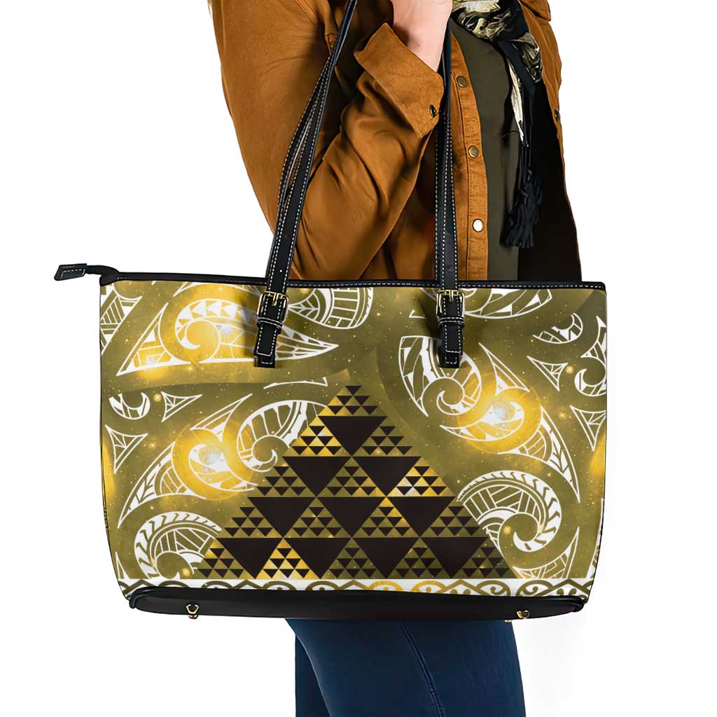 Matariki New Zealand Leather Tote Bag NZ Niho Taniwha Maori New Year Yellow Galaxy