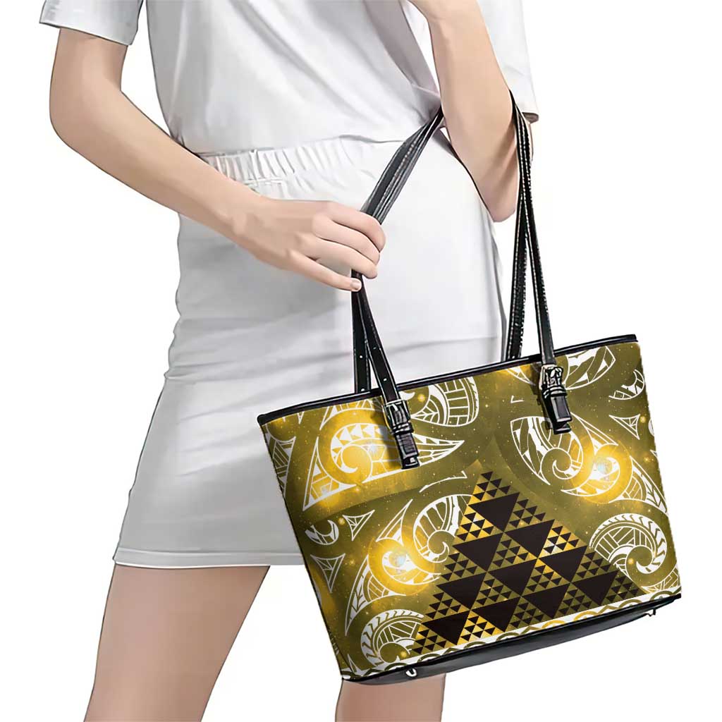 Matariki New Zealand Leather Tote Bag NZ Niho Taniwha Maori New Year Yellow Galaxy