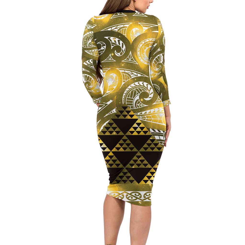 Matariki New Zealand Long Sleeve Bodycon Dress NZ Niho Taniwha Maori New Year Yellow Galaxy