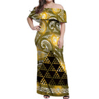 Matariki New Zealand Off Shoulder Maxi Dress NZ Niho Taniwha Maori New Year Yellow Galaxy