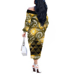 Matariki New Zealand Off The Shoulder Long Sleeve Dress NZ Niho Taniwha Maori New Year Yellow Galaxy