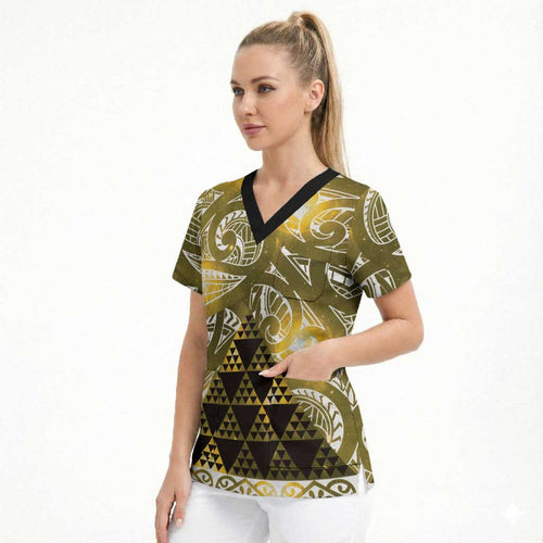 Matariki New Zealand Scrub Top NZ Niho Taniwha Maori New Year Yellow Galaxy