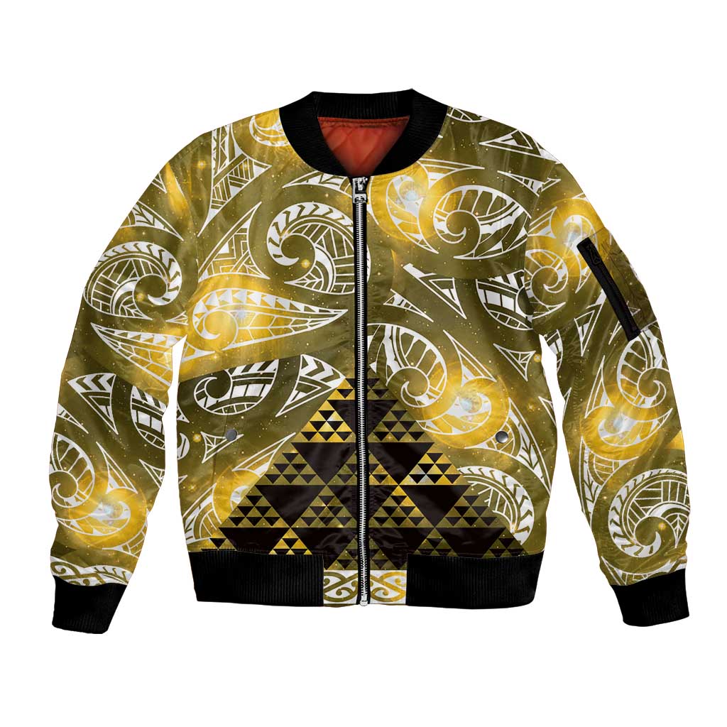 Matariki New Zealand Sleeve Zip Bomber Jacket NZ Niho Taniwha Maori New Year Yellow Galaxy