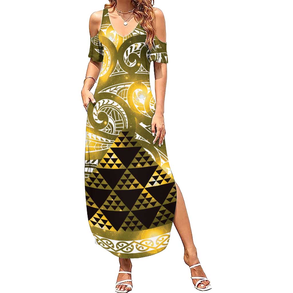 Matariki New Zealand Summer Maxi Dress NZ Niho Taniwha Maori New Year Yellow Galaxy