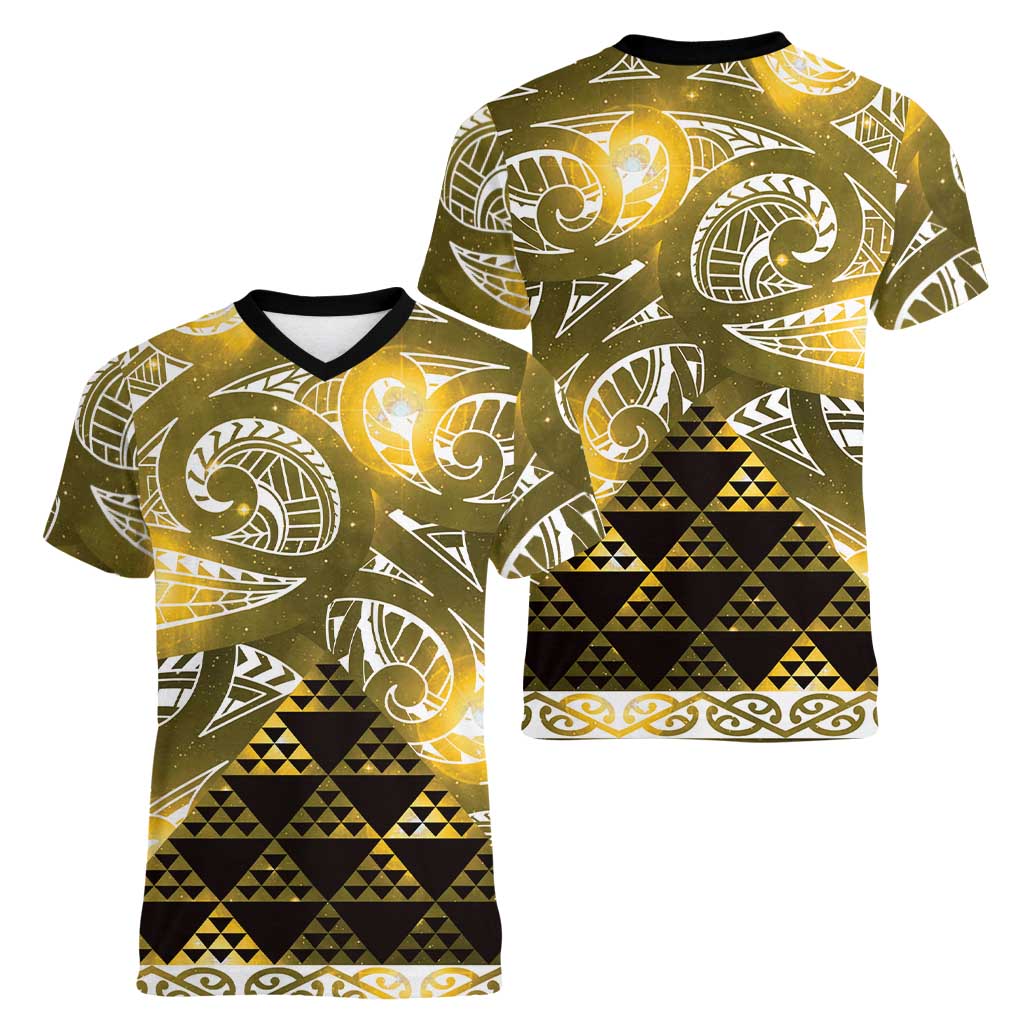 Matariki New Zealand Women V-Neck T-Shirt NZ Niho Taniwha Maori New Year Yellow Galaxy