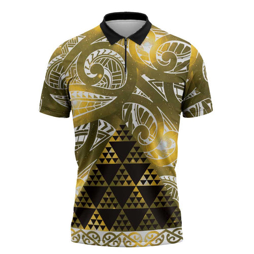 Matariki New Zealand Zipper Polo Shirt NZ Niho Taniwha Maori New Year Yellow Galaxy