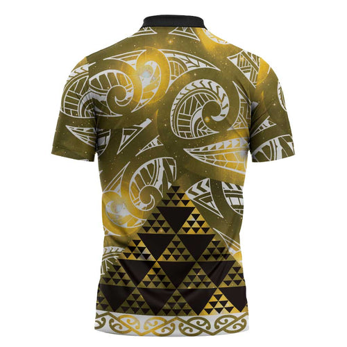 Matariki New Zealand Zipper Polo Shirt NZ Niho Taniwha Maori New Year Yellow Galaxy