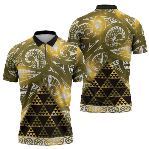 Matariki New Zealand Zipper Polo Shirt NZ Niho Taniwha Maori New Year Yellow Galaxy