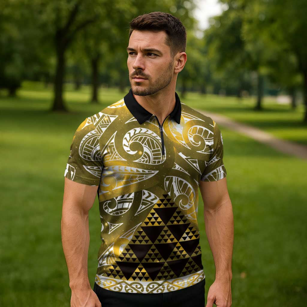 Matariki New Zealand Zipper Polo Shirt NZ Niho Taniwha Maori New Year Yellow Galaxy