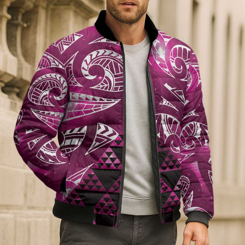 Matariki New Zealand Bomber Puffer Jacket NZ Niho Taniwha Maori New Year Pink Galaxy