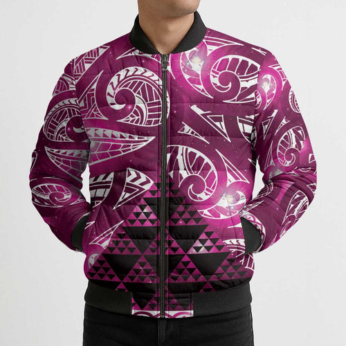 Matariki New Zealand Bomber Puffer Jacket NZ Niho Taniwha Maori New Year Pink Galaxy
