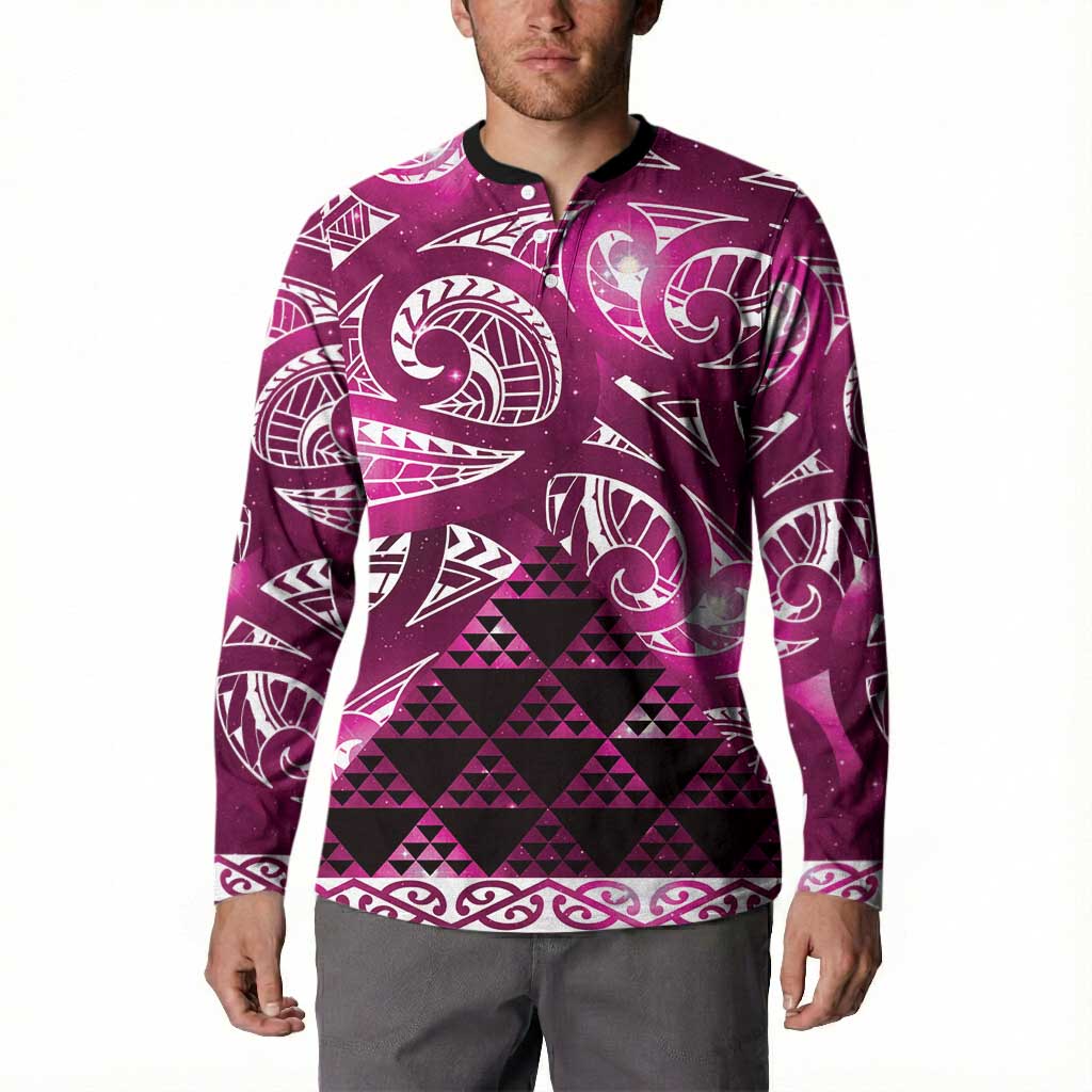 Matariki New Zealand Button Sweatshirt NZ Niho Taniwha Maori New Year Pink Galaxy