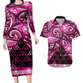 Matariki New Zealand Couples Matching Long Sleeve Bodycon Dress and Hawaiian Shirt NZ Niho Taniwha Maori New Year Pink Galaxy