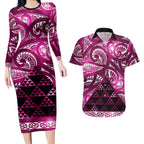 Matariki New Zealand Couples Matching Long Sleeve Bodycon Dress and Hawaiian Shirt NZ Niho Taniwha Maori New Year Pink Galaxy
