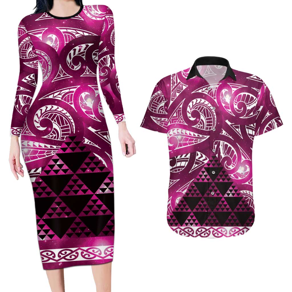 Matariki New Zealand Couples Matching Long Sleeve Bodycon Dress and Hawaiian Shirt NZ Niho Taniwha Maori New Year Pink Galaxy