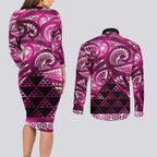 Matariki New Zealand Couples Matching Long Sleeve Bodycon Dress and Long Sleeve Button Shirt NZ Niho Taniwha Maori New Year Pink Galaxy