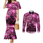 Matariki New Zealand Couples Matching Mermaid Dress and Long Sleeve Button Shirt NZ Niho Taniwha Maori New Year Pink Galaxy