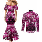 Matariki New Zealand Couples Matching Mermaid Dress and Long Sleeve Button Shirt NZ Niho Taniwha Maori New Year Pink Galaxy