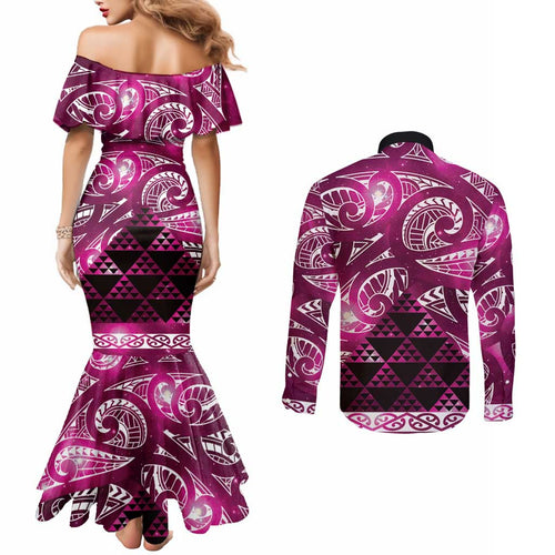 Matariki New Zealand Couples Matching Mermaid Dress and Long Sleeve Button Shirt NZ Niho Taniwha Maori New Year Pink Galaxy