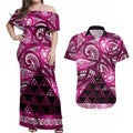 Matariki New Zealand Couples Matching Off Shoulder Maxi Dress and Hawaiian Shirt NZ Niho Taniwha Maori New Year Pink Galaxy
