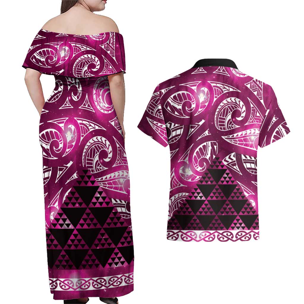 Matariki New Zealand Couples Matching Off Shoulder Maxi Dress and Hawaiian Shirt NZ Niho Taniwha Maori New Year Pink Galaxy