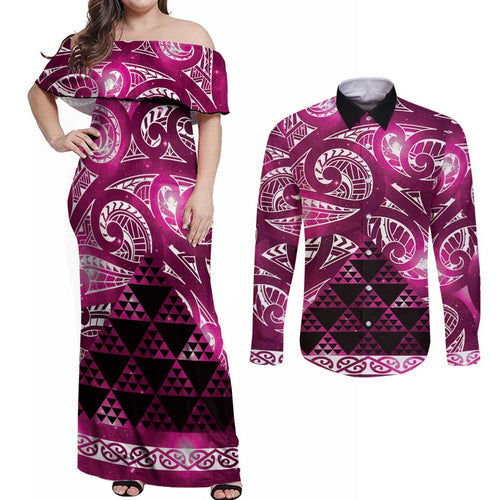 Matariki New Zealand Couples Matching Off Shoulder Maxi Dress and Long Sleeve Button Shirt NZ Niho Taniwha Maori New Year Pink Galaxy