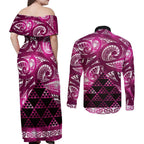 Matariki New Zealand Couples Matching Off Shoulder Maxi Dress and Long Sleeve Button Shirt NZ Niho Taniwha Maori New Year Pink Galaxy