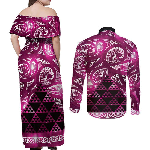 Matariki New Zealand Couples Matching Off Shoulder Maxi Dress and Long Sleeve Button Shirt NZ Niho Taniwha Maori New Year Pink Galaxy