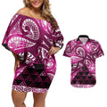 Matariki New Zealand Couples Matching Off Shoulder Short Dress and Hawaiian Shirt NZ Niho Taniwha Maori New Year Pink Galaxy