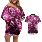 Matariki New Zealand Couples Matching Off Shoulder Short Dress and Hawaiian Shirt NZ Niho Taniwha Maori New Year Pink Galaxy