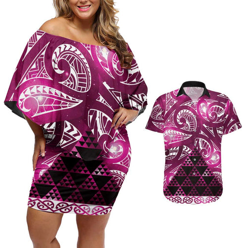 Matariki New Zealand Couples Matching Off Shoulder Short Dress and Hawaiian Shirt NZ Niho Taniwha Maori New Year Pink Galaxy