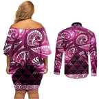Matariki New Zealand Couples Matching Off Shoulder Short Dress and Long Sleeve Button Shirt NZ Niho Taniwha Maori New Year Pink Galaxy