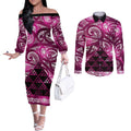 Matariki New Zealand Couples Matching Off The Shoulder Long Sleeve Dress and Long Sleeve Button Shirt NZ Niho Taniwha Maori New Year Pink Galaxy