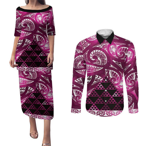 Matariki New Zealand Couples Matching Puletasi and Long Sleeve Button Shirt NZ Niho Taniwha Maori New Year Pink Galaxy