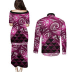 Matariki New Zealand Couples Matching Puletasi and Long Sleeve Button Shirt NZ Niho Taniwha Maori New Year Pink Galaxy