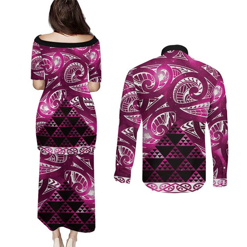 Matariki New Zealand Couples Matching Puletasi and Long Sleeve Button Shirt NZ Niho Taniwha Maori New Year Pink Galaxy