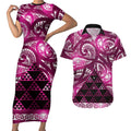 Matariki New Zealand Couples Matching Short Sleeve Bodycon Dress and Hawaiian Shirt NZ Niho Taniwha Maori New Year Pink Galaxy
