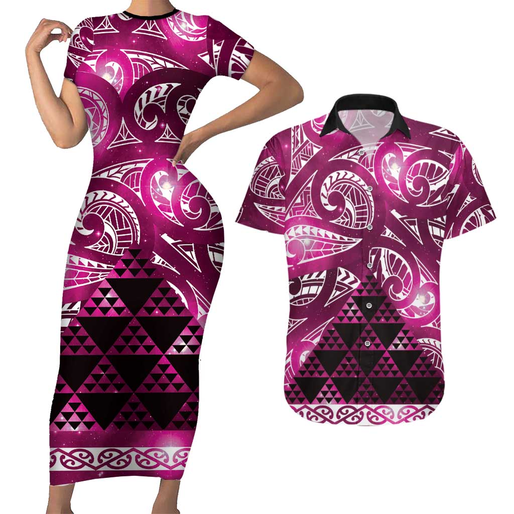 Matariki New Zealand Couples Matching Short Sleeve Bodycon Dress and Hawaiian Shirt NZ Niho Taniwha Maori New Year Pink Galaxy