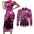 Matariki New Zealand Couples Matching Short Sleeve Bodycon Dress and Long Sleeve Button Shirt NZ Niho Taniwha Maori New Year Pink Galaxy