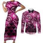 Matariki New Zealand Couples Matching Short Sleeve Bodycon Dress and Long Sleeve Button Shirt NZ Niho Taniwha Maori New Year Pink Galaxy