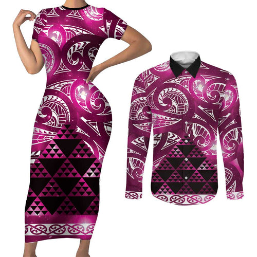 Matariki New Zealand Couples Matching Short Sleeve Bodycon Dress and Long Sleeve Button Shirt NZ Niho Taniwha Maori New Year Pink Galaxy