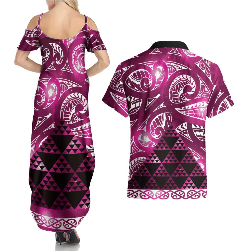 Matariki New Zealand Couples Matching Summer Maxi Dress and Hawaiian Shirt NZ Niho Taniwha Maori New Year Pink Galaxy