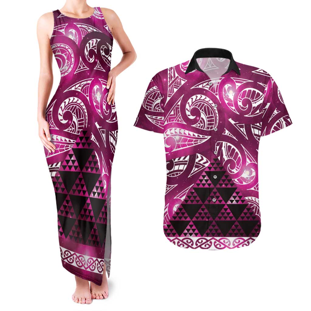 Matariki New Zealand Couples Matching Tank Maxi Dress and Hawaiian Shirt NZ Niho Taniwha Maori New Year Pink Galaxy