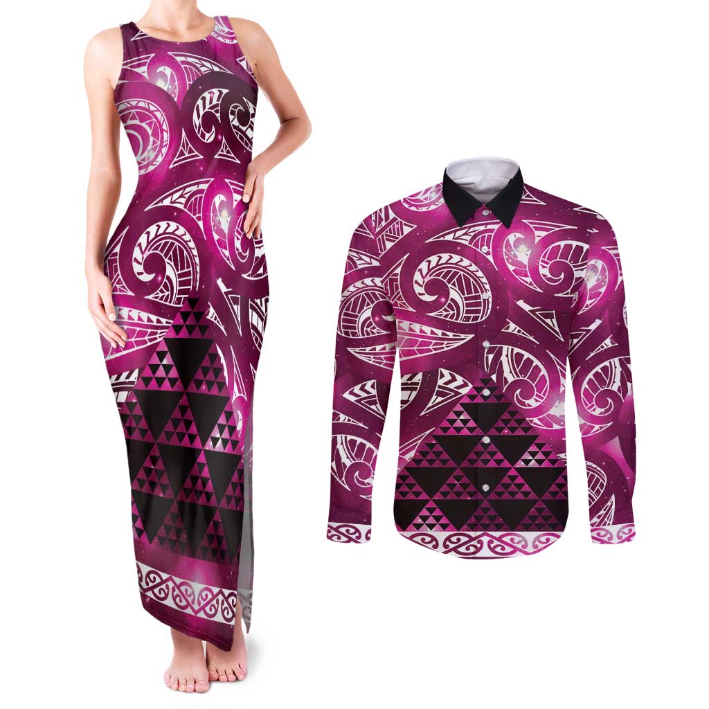 Matariki New Zealand Couples Matching Tank Maxi Dress and Long Sleeve Button Shirt NZ Niho Taniwha Maori New Year Pink Galaxy